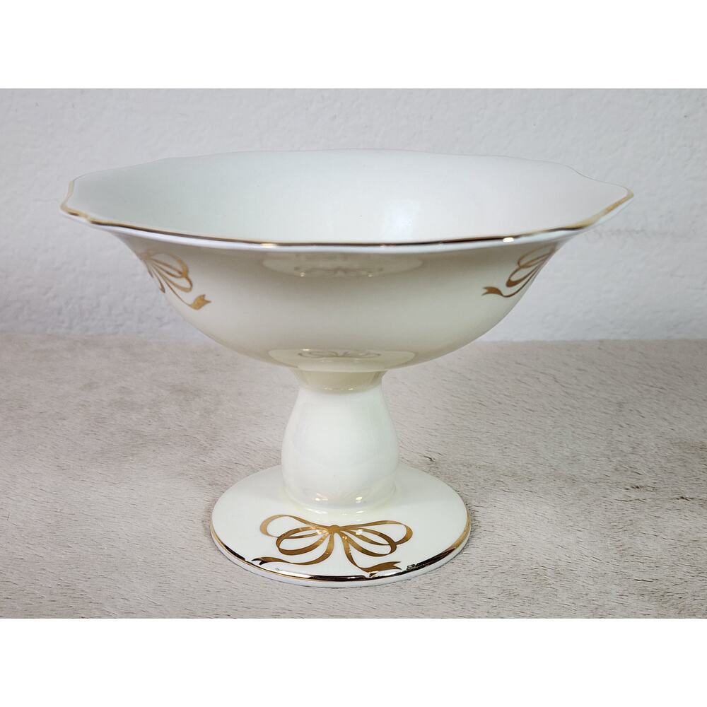 Teleflora Candy Dish Pedestal Bowl 5" Ivory Gold Trim Compote Dish 80s Korea